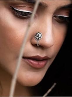 VAMA Fashions Oxidised Metal German Silver Nose Pin Ring Studs Body Piercing Jewellery Nosepin for Women