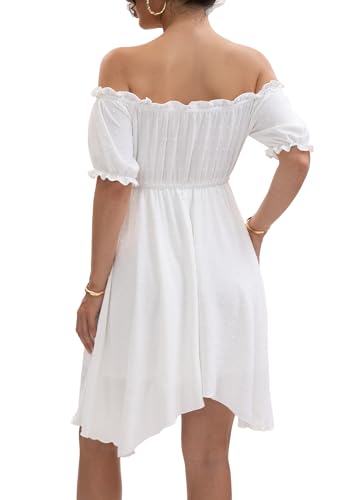 Image of Womens Off Shoulder Ruffle Puff Sleeve Tie Up Irregular Swiss Dot Mini Cottagecore Dress