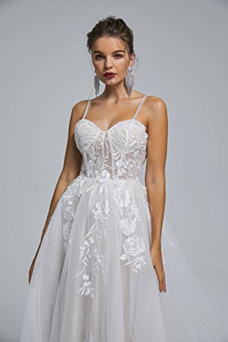 Image of Spaghetti Chiffon Beach Wedding Dress V Neck A line Bridal Gowns Lace Plus Size Wedding Dress