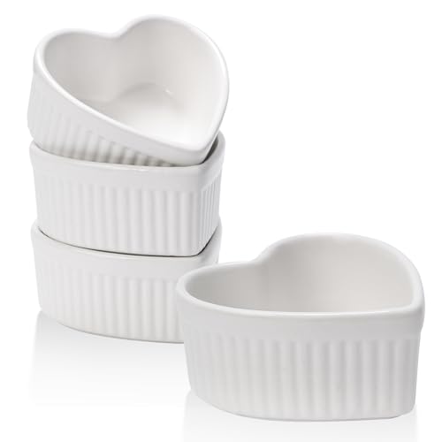 VanEnjoy 4 pack 5oz Heart Shaped Ramekins Ceramic Bowl Bakeware for Souffle Creme Brulee Oven and Dishwasher Safe Baking Dishes Cute White Cookware for Kitchen