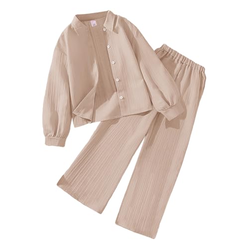 Girl's Textured Outfits Button Down Shirt Top and Wide Leg Pants Set 2 Pieces Tracksuit for 3-12 Years
