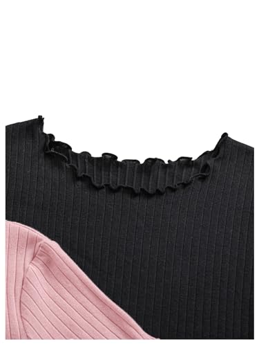 Milumia Girl's 3 Pack Solid Lettuce Trim Short Sleeve Round Neck Ribbed T-Shirts Tops3