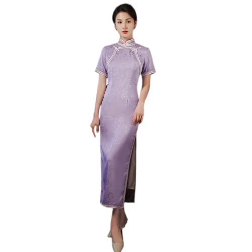 YAROVA Vestido Chino De Mujer - Vestidos De Fiesta De Moda Retro Mujeres Chino Tradicional Cheongsam Oriental Elegante Delgado Largo Qipao Verano Manga Corta Ropa Diaria,Púrpura,XL