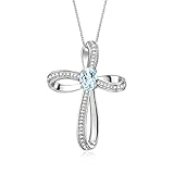 Rylos Necklaces for Women White Gold 14K Cross Necklace Gemstone & Genuine Diamonds Pendant With 18' Chain 8X6MM Aquamarine March Birthstone Womens Jewelry Gold Necklaces For Women