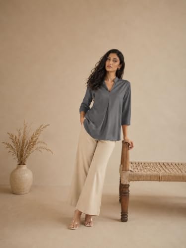 Image of SAADAA Top for Women, Viscose Pleated Tops, V-Neck with a Collar, 3 /4 Sleeve Length, Office & Casual Wear