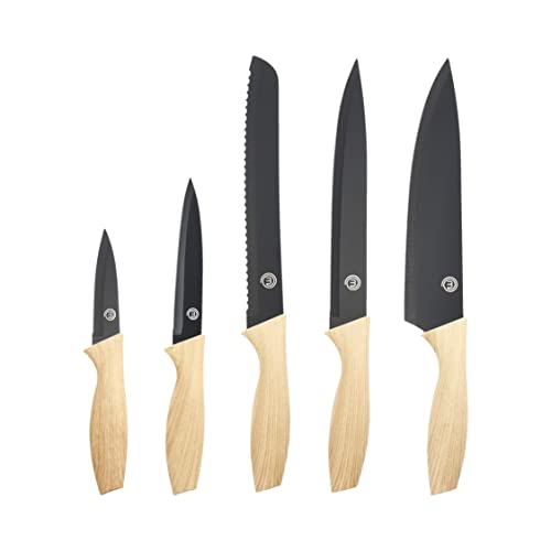 MasterChef Knife Set of 5 Kitchen Knives incl. Paring, Utility, Bread, Carving & Chef Knives for Cooking, Professional Sharp Stainless Steel, Non Stick Blades & Soft Touch Handles, 5 Piece, Wood Look