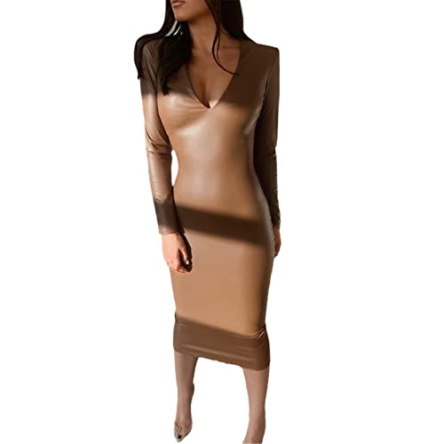 Pu Falso Cuero Mujeres Manga Larga Midi Vestido Cuello V Hombro Pad Bodycon Sexy Elegante Fiesta Club Otoño Invierno Delgado, marrón, L