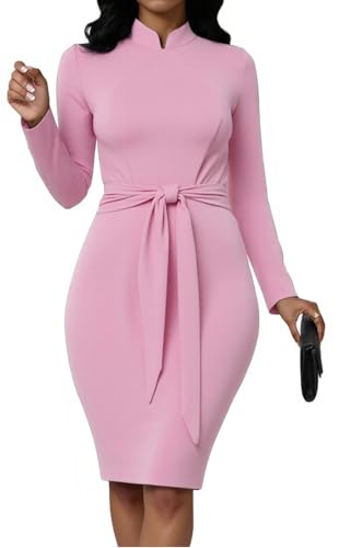 MsavigVice Church Dresses for Women Sexy Pencil Business Work Midi Dress Slim Fit Bodycon Dresses with Belt, Lightpink-b, Small