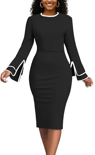 Church Dress for Women Flared Sleeve Midi Pencil Dress Elegant Teacher Office Business Wear to Work Dresses