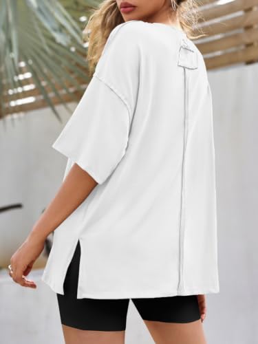 Image of Tankaneo Womens Oversized Tshirts Summer Casual Short Sleeve Crew Neck T Shirt Loose Fit Side Slit Tee Tops