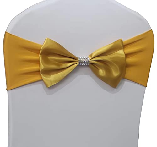 Chair Sash Bow Spandex Chair Sashes Bows Tied for Wedding Chairs Decorations Chair Sashes Cover for Anniversary Party Ceremony Special Events Decoration (Gold, Pack of 10)