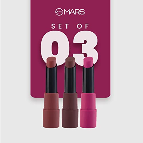 MARS Matte Box Set of 3 Lipsticks for Women | Long-Lasting | Smooth Finish | Moisturising | One Swipe Pigmentation | (3x3.2 gm) (06-All Rounder)