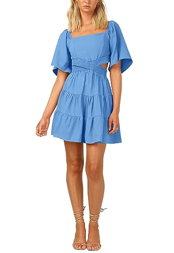 Image of OWNGIGI Women's Summer Dresses Square Neck Short Sleeve Cutout Crossover Elastic Waist Casual Party A-Line Mini Dress