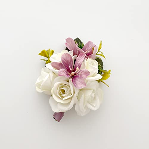 Abbie Home Wedding Wrist Corsage Brooch Boutonniere Set Party Prom Hand Flower Decor (Dusty Pink)
