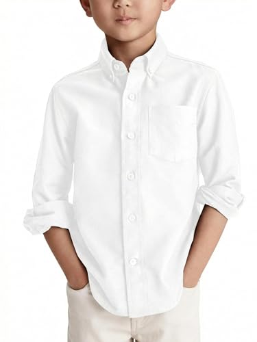 Haloumoning Camisa de manga larga para niño, de algodón, informal, monocolor, con bolsillo en el pecho, Blanco, 4-6 años