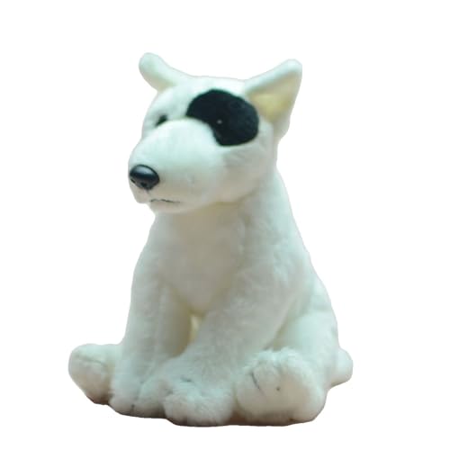 Chien blanc en peluche avec cache-œil : chiot réaliste assis doudou compagnon