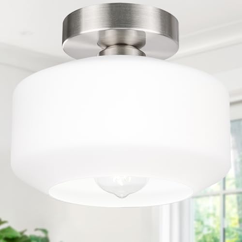 Lynnoland Industrial Farmhouse Semi Flush Mount Ceiling Light, Brushed Nickel, Milky White Glass Shade, Ceiling Mount Light Fixture for Hallway Corridor Kitchen Entryway Passageway Bathroom Bedroom