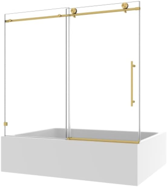 60 Inch Brushed Gold Frameless Shower Door with Soft Close Tempered Glass and Stainless Steel Pulleys
