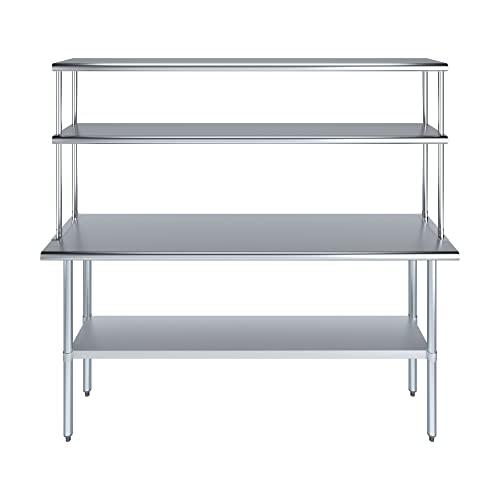 Image of AmGood Stainless Steel Work Table with 12 inch Wide Double Tier Overshelf | Metal Kitchen Prep Table & Shelving Combo | NSF (Stainless Steel Table with Double Overshelves, 72 inch Long x 18 inch Deep)