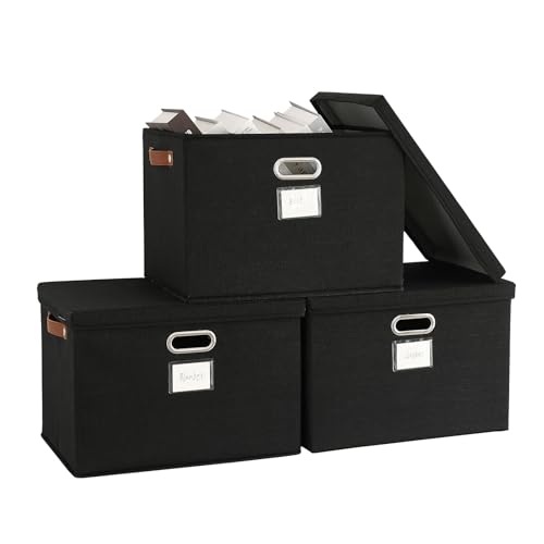 Bagnizer 3PCS Scatola di Conservazione con Coperchio Pieghevole in Tessuto, Grandi Contenitori di Archiviazione, Cestini di Archiviazione Impilabili per Scaffali, Organizzatore per Vestiti Nero