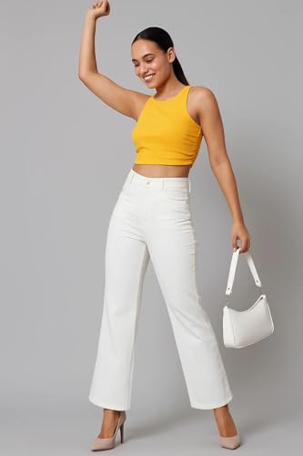 Image of KOTTY Women's Solid|Fit and Flared Fitting|Ankle Leg Style|High Rise|Stechable|Casual Jeans