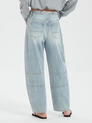 ONESO Women's Barrel Jeans Mid Waisted Wide Leg Boyfriend Jeans for Women Baggy Casual Denim Pants with Drawstring2