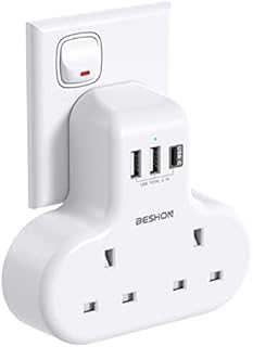 Double Plug Extension with 3 USB (1 USB-C), 2 Way Plug Adaptor Multi Plug Adpater, BESHON 13A UK 3 Pin Socket Extension for Travel, Home and Office