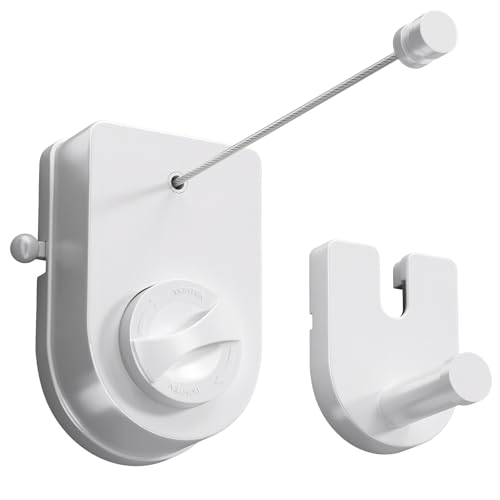 Danpoo Heavy Duty Retractable Clothesline - 13.8ft Adjustable Tension Stainless Steel Laundry Drying Line, Wall Mounted Clothes String with 2-in-1 Hook Base for Indoor, Outdoor, RV, Yard & Bathroom