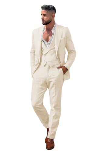 Mens Linen Suit 3 Piece Double Breasted Blazer Vest Pants Casual Peak Lapel Men's Suits for Summer Beach Wedding3