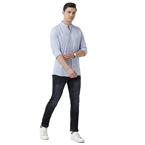 Image of Linen Club Men's Pure Linen Blue Chambray Slim Fit Full Sleeve Casual Shirt