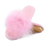 Fur Story Women's Furry Slippers Open Toe Fuzzy Slippers Memory Foam Fluffy House Sandal