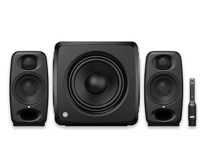 IK Multimedia iLoud Micro Monitor Pro Black Pair & iLoud Sub Bundle with ARC Calibration, 25Hz Bass Extension, Portable Reference Speaker System for Mixing, Production & DJ Setup