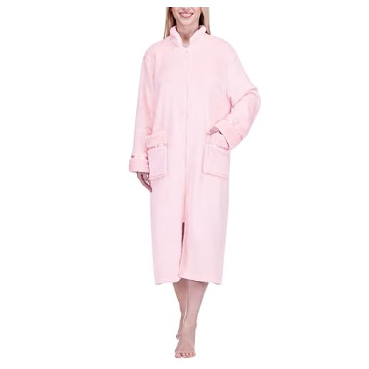 PAVILIA Fleece House Coat Women, Zip Up Robe Lounger, Pink Full Length Zipper Robe Duster Long Bathrobe with Satin Trim and Pockets - Pink (Small/Medium)