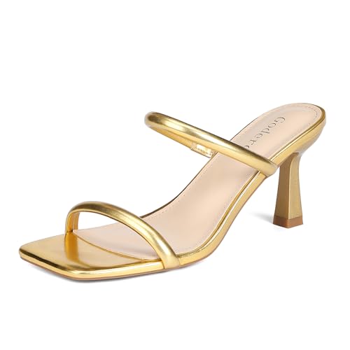 Kitten Heels for Women Two Strap Mules Mid Square Open Toe Slip On Heeled Sandals