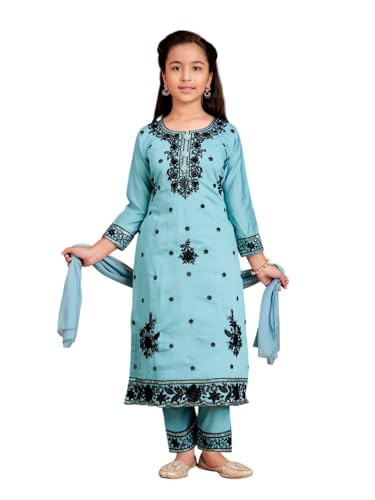 Image of Aarika Girls Ethnic Wear Sea Green Colour Thread Sequin Embroidery Kurti Pant Set With Dupatta
