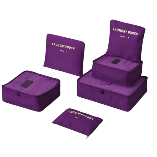 Kit Organizador de Mala de Viagem 6 Peças – Bolsas e Necessaires Impermeáveis – Roupas, Lingeries, Calçados, Acessórios, Maquiagem Cores Variadas: Cinza, Rosa ou Roxo (Roxo)