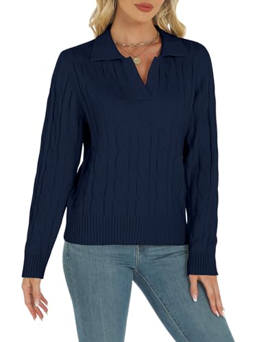 Womens Long Sleeve Sweaters Cable Tops Solid Lapel Polo V Neck Knit Casual Soft Pullover Shirt 2025 Spring Outfits Navy Blue