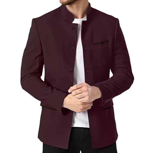 Veste Blazer Homme à col Mao, légère et doublée, Style décontracté Chic, Rouge Bordeaux, Taille 4XL. Vêtements Japonais.