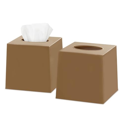 Beige Tissue Box Cover Square - Plastic Facial Tissue Box Holder Set of 2 - Decorative Cube Tissue Holder Dispensers Fit Any Vanity Countertop, Bedroom Dresser, Office Desk or Bathroom Decor
