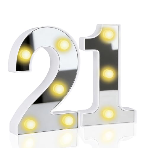 21 Light up Numbers, LED Number Lights for Birthday, 16CM Mirror Warm Lighted Number Sign for Party Wedding Anniversary Bedroom Table Wall Decor (21st)