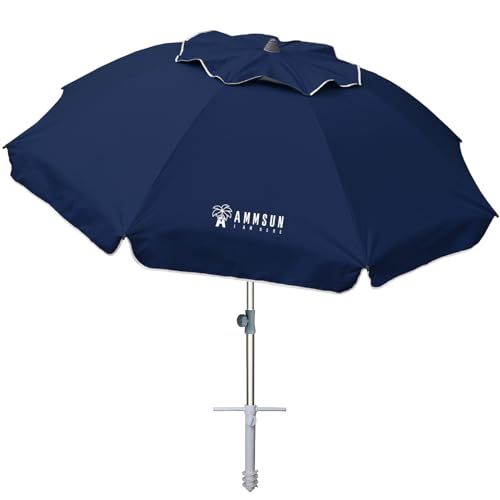 Image of AMMSUN 7ft Beach Umbrella with Sand Anchor Sand Screw, Tilt, Windproof, Sun Protection,UPF 50+ Silver Coating Inside and Telescoping Pole for Outdoor Patio (Solid Navy)