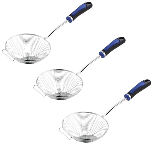 Image of Stainless Steel Jhara for Frying Big Size | Deep Fry Mesh Skimmer Spoon for Frying | Wire Skimmer, Puri Strainer, Cooking Oil Strainer for Kitchen, Durable Long Blue Handle - 16CM, Pack of 3