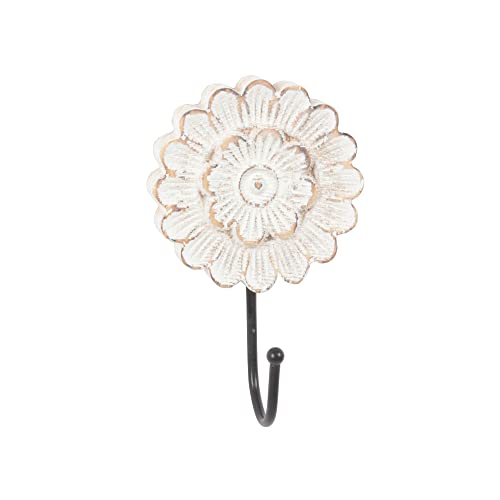 dwellington Distress Wood Flower Coat Hooks for Wall Hanging, Single Small Vintage Decorative Hanger for Keys, Bags, Towels (Long Hanger)