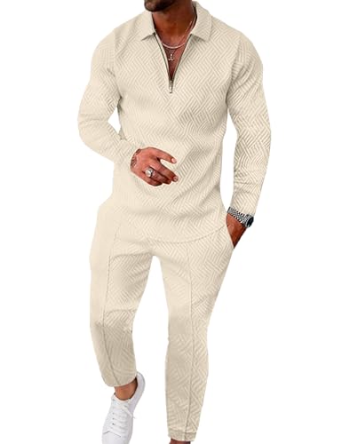 UOUA Mens 2 Piece Set Casual Outfits Polo Long Sleeve Shirt & Pants Track Suit Loungewear Athletic Sweatsuit Beige L