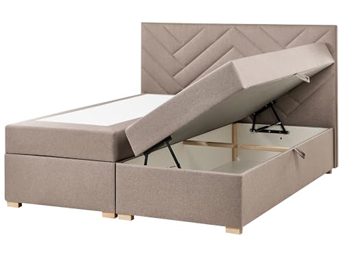 Beliani Cama Continental diván con almacenaje con arcón elevable tapizado cabecero de Tela Gris Pardo 180 x 200 cm Esquire