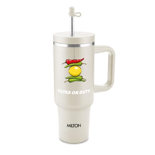 Image of MILTON My Tumbler Studio 1200 Thermosteel Double Wall Vacuum Insulated SS Tumbler with Handle 1100ml, Leak Proof Travel Mug, Straw, Silicon Cap Cleaning Brush, Hot & Cold Beverage Flask, Ivory Totka