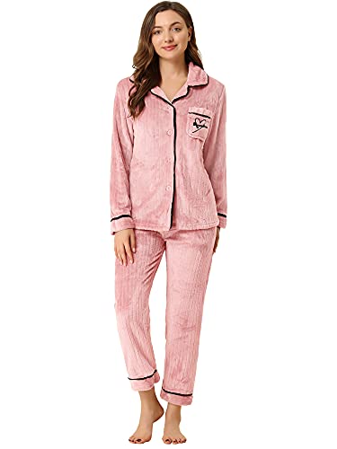 Allegra K Conjuntos de pijama de mujer Ropa de dormir botón abajo suave traje de noche femenino Pj Lounge Sets, Rosa/Rebel Fun., S