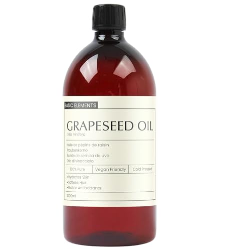 Basic Elements Organic Grapeseed Oil | 1000ml | 100% Pure & Natural Moisturiser for Skin & Hair | Perfect Massage Oil & Aromatherapy Base