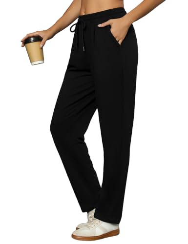 Litherday Pantalón Chándal Mujer Algodón Corte Recto Bolsillos Negro L