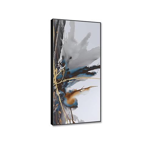 Peinture abstraite moderne sur toile bleu gris or pour décoration murale grand salon